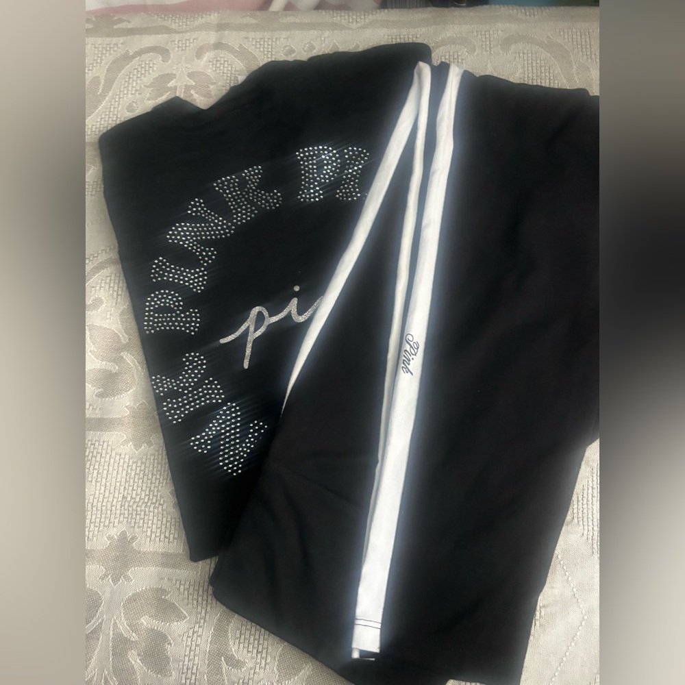 PINK Victoria's Secret Black long sleeve bling and leggings set size large